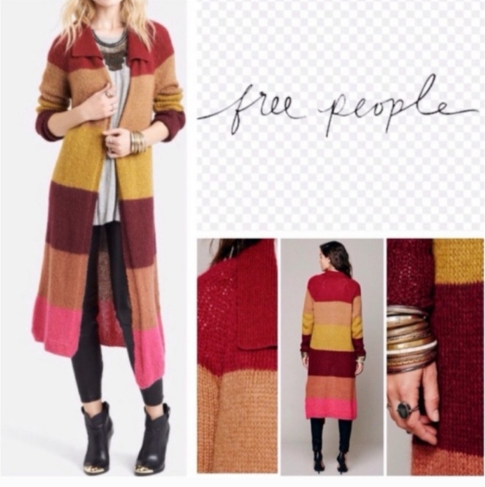 Free People Over The Rainbow Multicolor Long Striped Cardigan Sweater Large - Picture 4 of 16